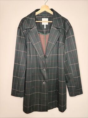 Avec Les Filles Dark Green Plaid Long Blazer with Pink & Cream Windowpane